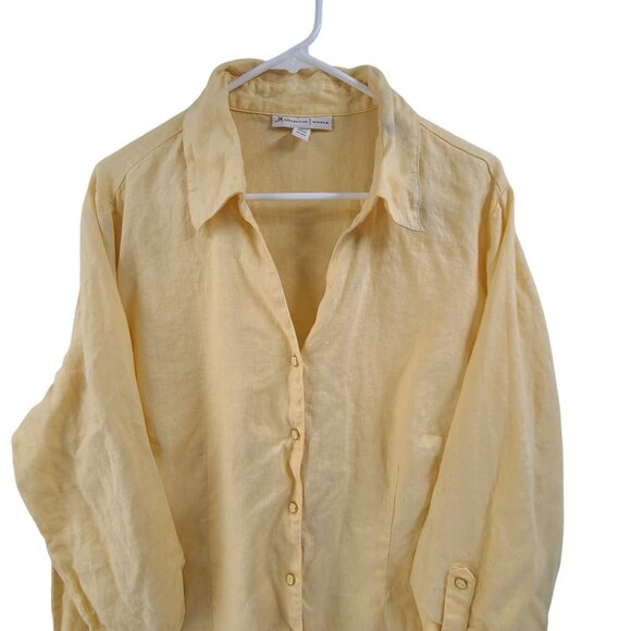 JM Collection Button Front Roll Tab Sleeve Shirt Linen Coastal Yellow Size 18W - Picture 3 of 8